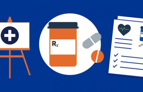 graphics of pill bottle, easel and check list document
